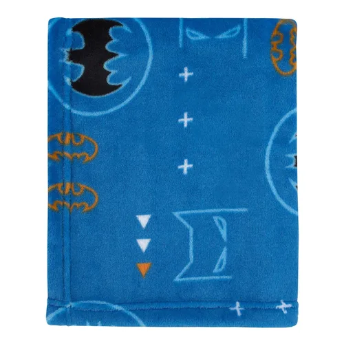 Vista 2 de Warner Brothers - Manta de bebé súper suave con iconos, emblemas y triángulos de Batman, azul, naranja y blanco