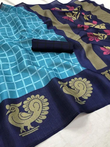 Vista 6 de Sari de seda para mujer, estilo banarasi, con blusa (color libre), color azul cielo