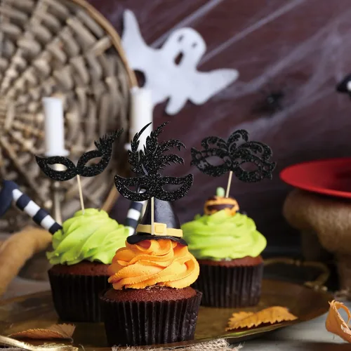 Vista 6 de Gyufise 24 máscaras de mascarada para cupcakes con purpurina para despedida de soltera, para cupcakes, comida y frutas, baile de máscaras, Mardi