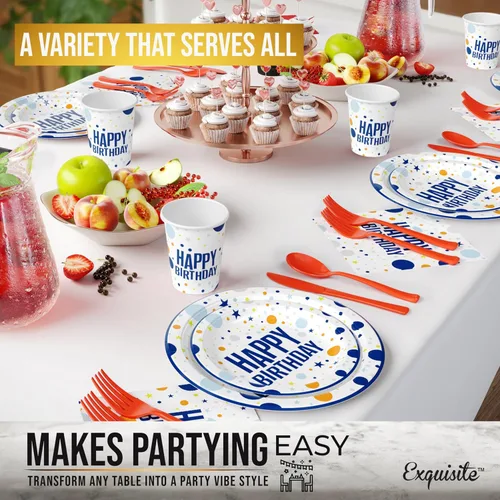 Vista 5 de Exquisite 350 Piezas Platos de Plástico de Cumpleaños Azules Para Fiestas, Juego de Platos Desechables de Cumpleaños Azules, 50 de Cada Juego