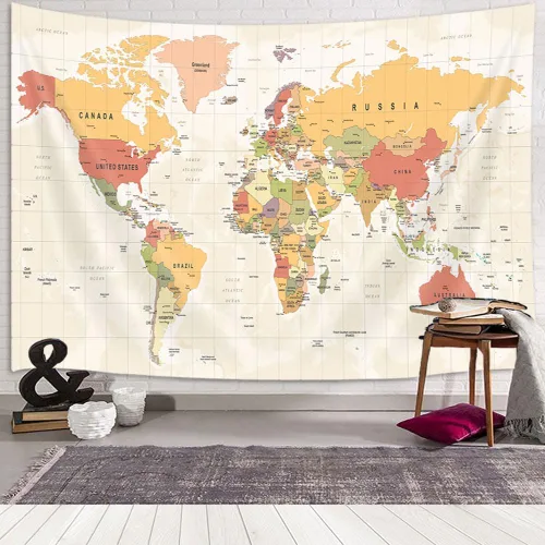 Vista 3 de Tapiz de mapa del mundo para niños y estudiantes, mapa del mundo con países y ciudades principales, tapiz educativo, Asia Europa, topografía