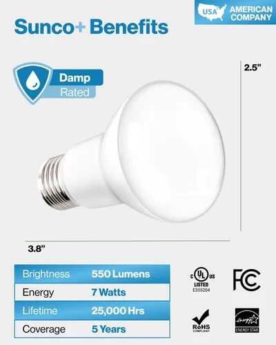 Vista 7 de Sunco - Paquete de 6 bombillas LED BR20, luz de inundación interior R20, regulable, CRI93 3000K blanco cálido, 50 W equivalente a 7 W, base E26