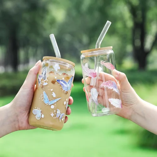 Vista 2 de NETANY Paquete de 1 Vasos de Vidrio con Tapas y Pajitas de Bambú de 16 onzas, Regalos para Mujeres, Juego de Vasos para Beber, Café Helado, Taza