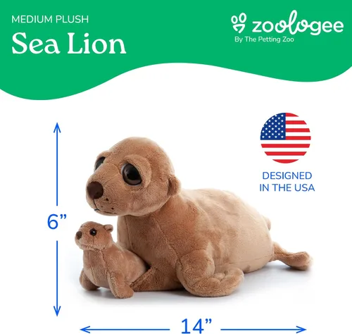Vista 3 de The Petting Zoo Peluche de león marino para mamá y bebé, regalos para niños, animales del océano Pocketz, juguete de peluche de león marino de 14