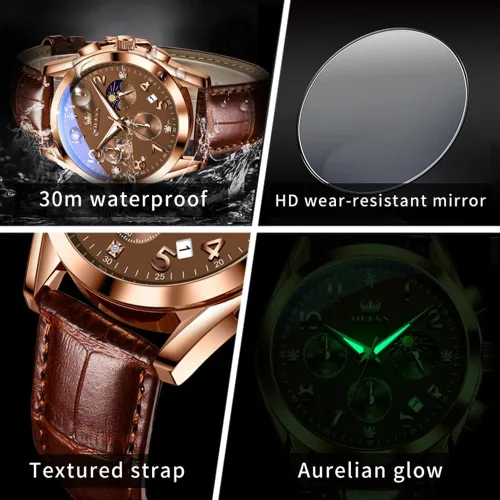 Vista 4 de OLEVS Relojes de hombre de cuero marrón con fecha, relojes casuales para hombre, relojes de cara grande para hombre, cronógrafo para hombre, reloj