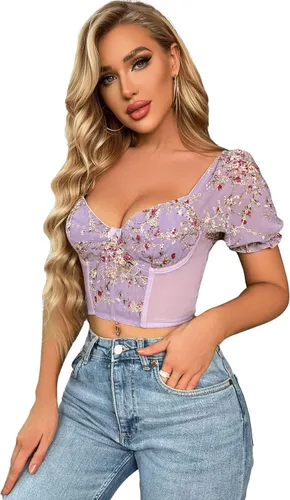 Vista 3 de SweatyRocks Top corto de gasa con estampado floral y manga corta abombada y cuello corazón para mujer