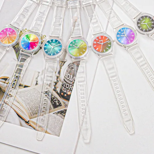 Vista 6 de Reloj transparente para mujer, colorido esfera de arco iris, reloj analógico, simple e impermeable para niñas