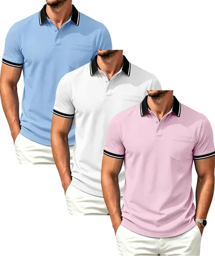 Vista 23 de GEEK LIGHTING Paquete de 3 camisas polo de manga corta con bolsillo para Negro Gris Armygreen