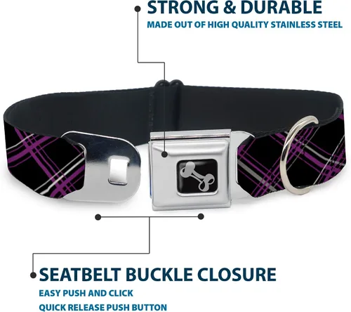 Vista 4 de Buckle-Down Collar de perro con hebilla para cinturón de seguridad, a cuadros, negro, morado, gris, 1 pulgada de ancho, se adapta a cuello de 9 a 15