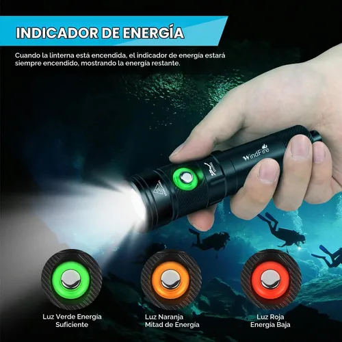 Vista 4 de Linterna de buceo WindFire, linterna impermeable para buceo 262 pies bajo el agua, linterna recargable para snorkel con 4 modos y indicador