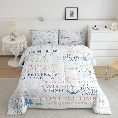 Vista 2 de Juego de edredón Lake House tamaño Twin, juego de ropa de cama náutica de navegación con ancla de 2 piezas para decoración de habitación de niños