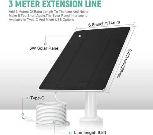 Vista 2 de Panel solar USB para cámara Ring, cargador de panel solar tipo C 5 V 6 W con cable de carga impermeable de 10 pies, micro USB y USB-C y puerto