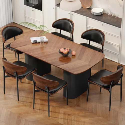 Vista 23 de Juego de 2 sillas de comedor, modernas sillas tapizadas de piel sintética de mediados de siglo con respaldo de nogal y patas de metal, pies