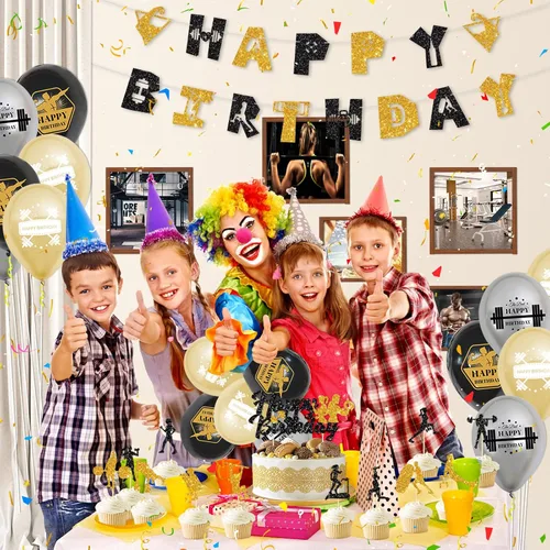 Vista 5 de KEFAN Decoraciones de fiesta de cumpleaños de gimnasio, suministros de fiesta temática de fitness negro y dorado con globos de látex, decoración
