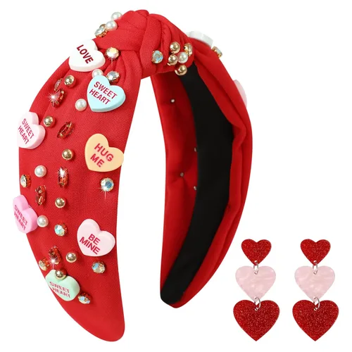 Vista 14 de Diademas de corazón de caramelo para el día de San Valentín para mujer, diadema de corazón de conversación de amor con diamantes de imitación
