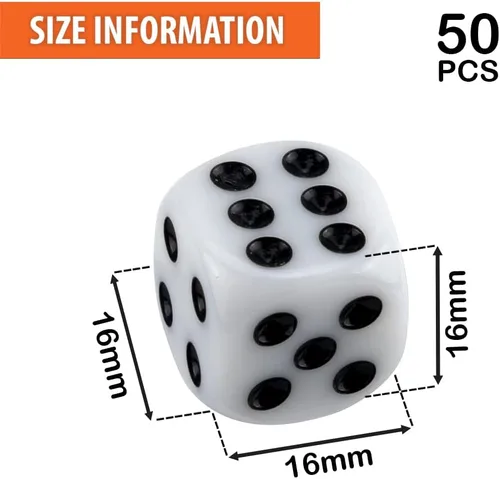 Vista 2 de Juego de 50 dados blancos de 0.639 pulgadas de acrílico redondeados de seis caras D6 con puntos negros para juegos de mesa, fiestas, diversión