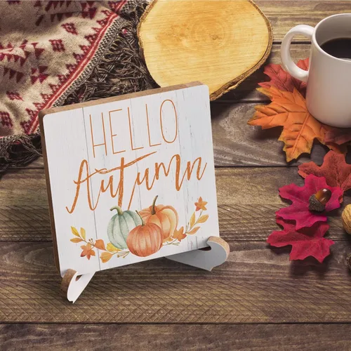 Vista 4 de Letrero con texto en inglés «Hello Autumn» con texto en inglés «Hello Autumn», decoración de escritorio de madera rústica, citas inspiradoras