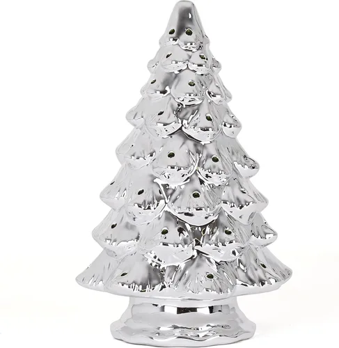 Vista 4 de Árbol de Navidad de cerámica vintage en blanco, árbol en miniatura iluminado (grande, blanco perla)