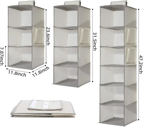 Vista 2 de 2 Packs Hanging Closet Organizer Storage, 3-Shelf Hanging Shelves for Closet, Closet Clothes Organizer and Storage with Side Pocket, Beige