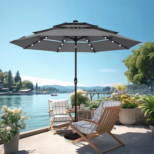 Vista 10 de PHI VILLA - Sombrillas de patio de 9 pies con 24 luces LED solares, sombrilla iluminada para mesa de mercado al aire libre con 8 varillas de acero