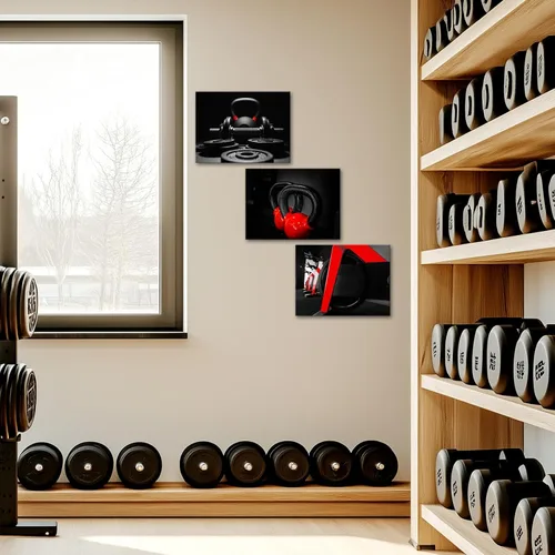 Vista 2 de Muzenso - Juego de 3 lienzos de pared de 12 x 16 pulgadas, impresiones de arte de fitness con mancuernas con pesas rusas giratorias, decoración