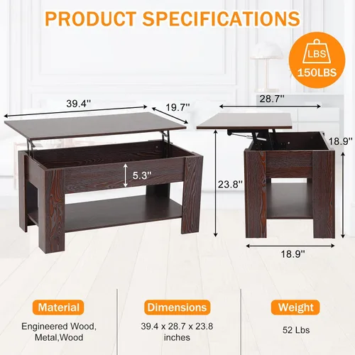 Vista 2 de Mesa de centro elevable para sala de estar, mesa de centro de madera con estante de almacenamiento/compartimento oculto, mesa de centro moderna