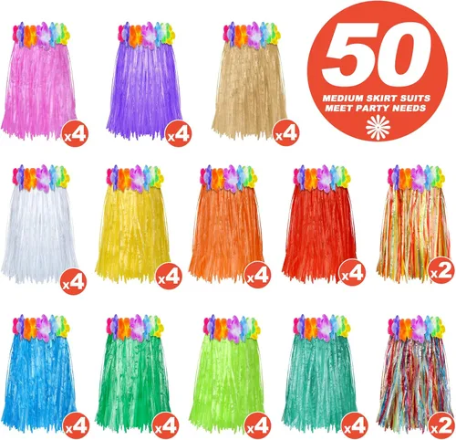 Vista 2 de Vicenpal 50 faldas hawaianas de hula de plástico para niños, coloridas danzas, Luau, recuerdo de fiesta, fiesta hawaiana tropical, suministros