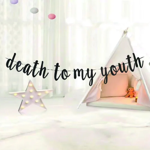 Vista 2 de Cartel de la muerte a mi juventud, decoración divertida para fiesta de cumpleaños de hombres y mujeres 20, 30, 40, 50, fiesta temática de funeral