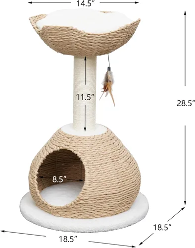 Vista 3 de Petpals Cama nido de cuerda de papel tejida a mano de 28 pulgadas de alto y cesta grande tejida a mano con cojines lavables, poste rascador de sisal