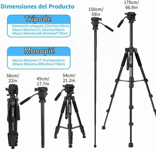 Vista 3 de Trípode de video de cabeza fluida, trípode estable con monopie 2 en 1, tornillos de 1/4 de pulgada con cabezal de arrastre fluido y bolsa