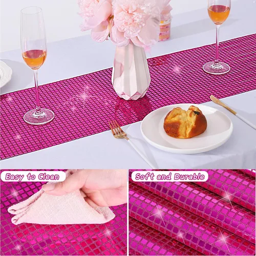 Vista 3 de Durony Paquete de 2 caminos de mesa disco de 11 x 108 pulgadas, espejo rosa intenso con laminado de purpurina y lentejuelas brillantes