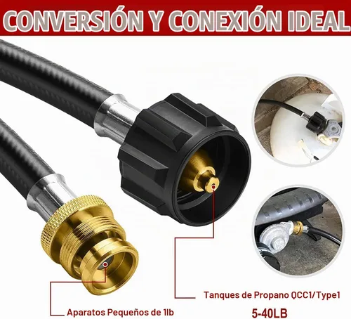 Vista 4 de Adaptador de Manguera de Propano GasXpert de 1 Libra a 20 Libras, Manguera de Tanque de Propano de 4 Pies Compatible con Barbacoa