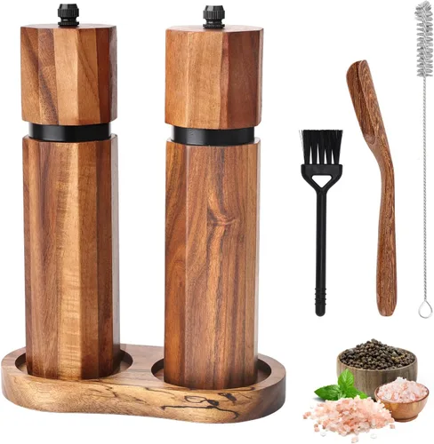 Vista 8 de Juego de molinillo de sal y pimienta de madera, molinillo de pimienta manual de 8 pulgadas Adjustable Coarseness Refillable Ceramic Core Grinder