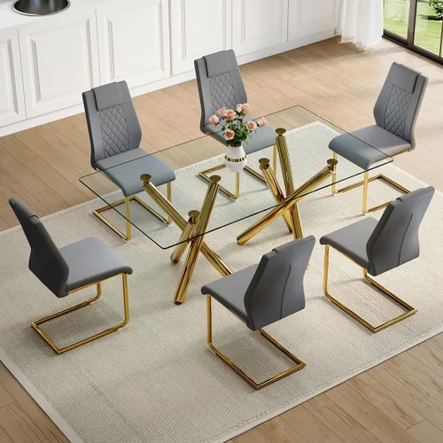 Vista 10 de Juego de mesa de comedor de cristal para 6, 71 pulgadas juego de mesa de comedor moderno para 6 7 Piece Dining Table Set, 6 White Dining Chairs