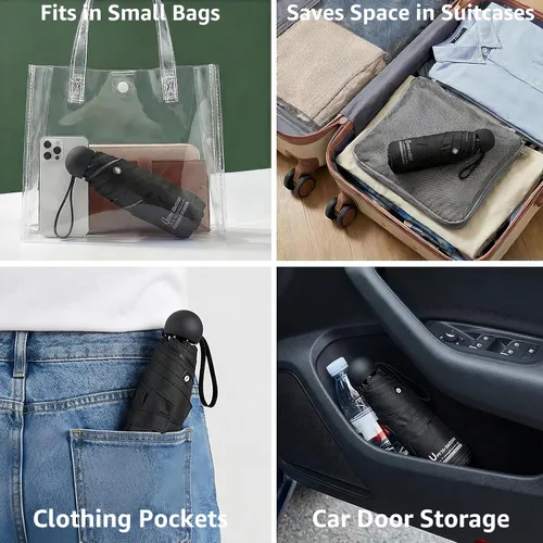 Vista 3 de BAODINI Travel Essentials - Mini paraguas para bolso con funda, protección solar UV, compacto, ligero, bolsillo pequeño, cierre manual, paraguas