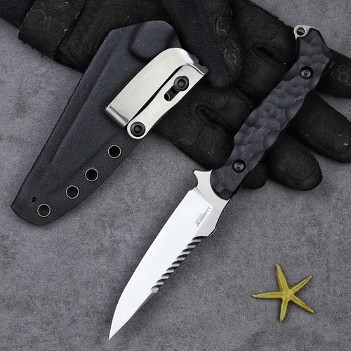 Vista 3 de LR-869 EDC - Cuchillas tácticas fijas de combate, espiga completa 14C28N de acero Reverse Serrations G10/mango de lino, funda Kydex para camping