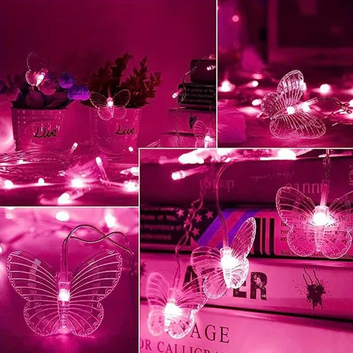 Vista 6 de Lainin - Tira de luces alimentadas por USB de 13 pies, 96 luces LED, 18 cuerdas de mariposas, tira de luces de hadas de 8 modos para fiestas Rosa