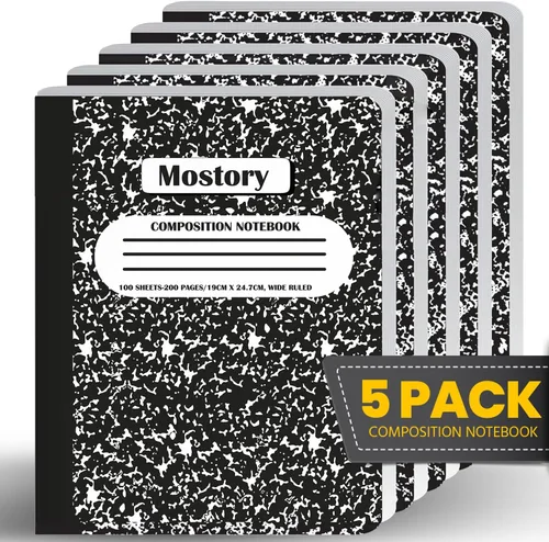 Vista 2 de MOSTORY Paquete de 5 cuadernos de composición – 200 páginas con rayas anchas (100 hojas), tamaño 7.5 x 9.75 pulgadas, suministros escolares a