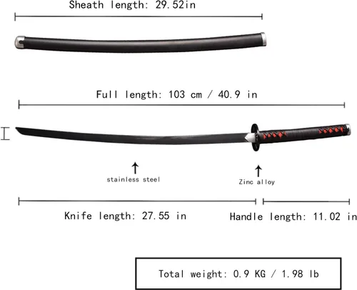 Vista 2 de Sword fort - Katana de acero al carbono de metal real, espada Katana de RengokuTanjiroInosuke de anime Demon Slayer, alrededor de 41 pulgadas