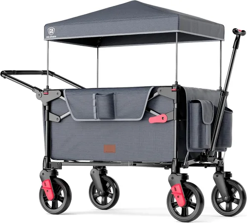 Vista 10 de EVER ADVANCED Vagón ultracompacto para 2 niños, vagón cochecito plegable de viaje de empujar y tirar con toldo desmontable, asas y arneses Negro
