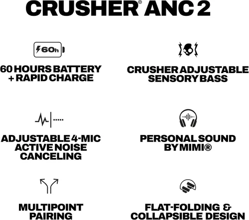 Vista 11 de Skullcandy Crusher ANC 2 - Auriculares inalámbricos sobre la oreja Bluetooth con bajo multisensorial, cancelación activa de ruido, hasta 60 horas
