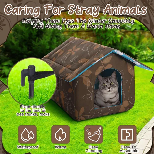 Vista 5 de Casa para gatos al aire libre, casas impermeables para gatos salvajes, perros, refugio de mascotas, casa plegable para perros con manta