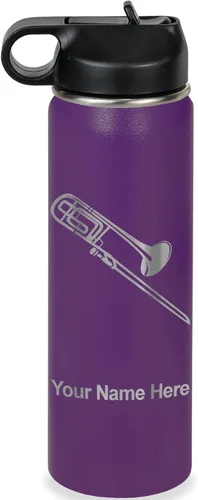 Vista 40 de LaserGram Botella de agua personalizada, trombón, acero inoxidable de doble pared aislada al vacío con popote superior, regalo grabado personalizado