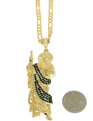 Vista 2 de Fran & Co. Jewelry Collar con colgante de San Judas grande XL verde chapado en oro Figaro 26" San Judas Tadeo Medalla Cadena Oro Laminado,