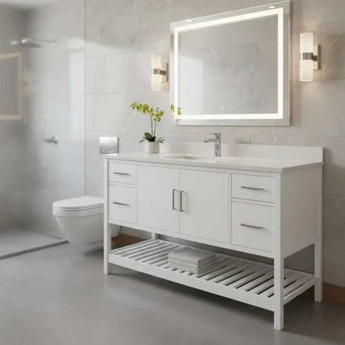 Vista 5 de Harrison - Mueble de tocador de 60 pulgadas de ancho solamente, construcción moderna de madera de pino maciza, herrajes de níquel, cajones de cierre