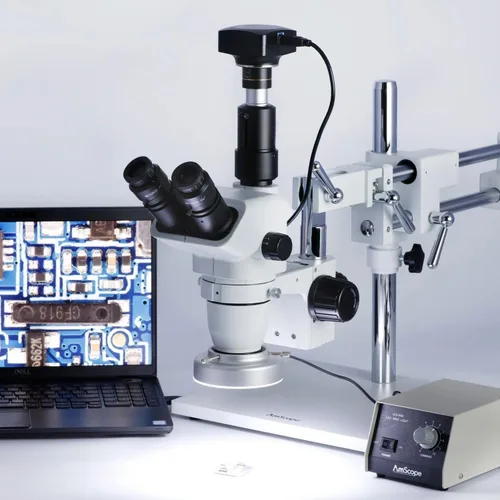 Vista 2 de AmScope ZM-4TNW3-80AM-5M Microscopio Digital Profesional Trinocular Estéreo, Oculares EW10x y EW25x, Ampliación 2X-225X, Objetivo de Zoom