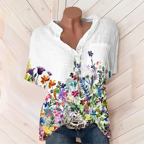 Vista 2 de SMIDOW Blusas de talla grande para mujer, estilo casual, de verano, de lino y algodón, estilo bohemio, estampado floral, con botones