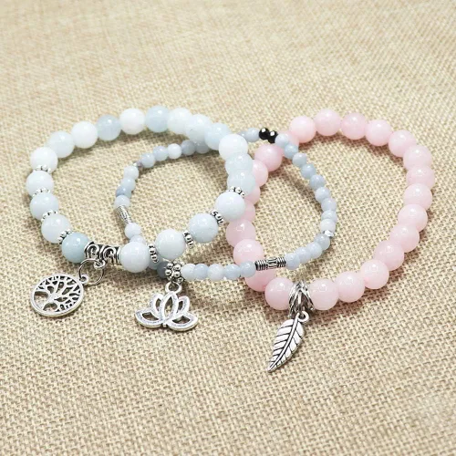 Vista 3 de UEUC - Pulseras Reiki, apilables, de piedras curativas, cristales, con dije del árbol de la vida, yoga y hoja de loto, contra la ansiedad