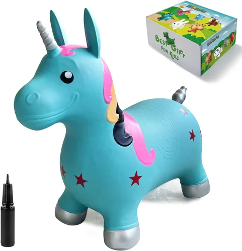 Vista 5 de HotMax Juguetes de caballo inflable de unicornio para niñas de 2 años, animales que rebotan, juguetes de salto de goma para bebé niña o niño, regalo