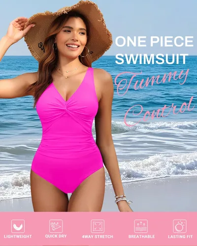 Vista 4 de Traje de baño de una pieza con control de abdomen para mujer Rosa fuerte